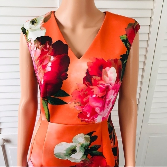 CALVIN KLEIN Orange Floral Sheath Sleeveless Dress Size Petite - Picture 2 of 8